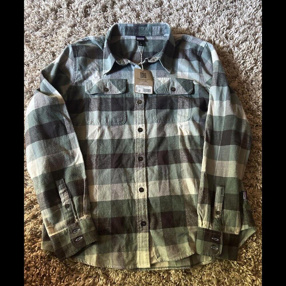 Patagonia Shirt Womens Large Green Plaid Fjord Button Up Flannel Outdoors NEW